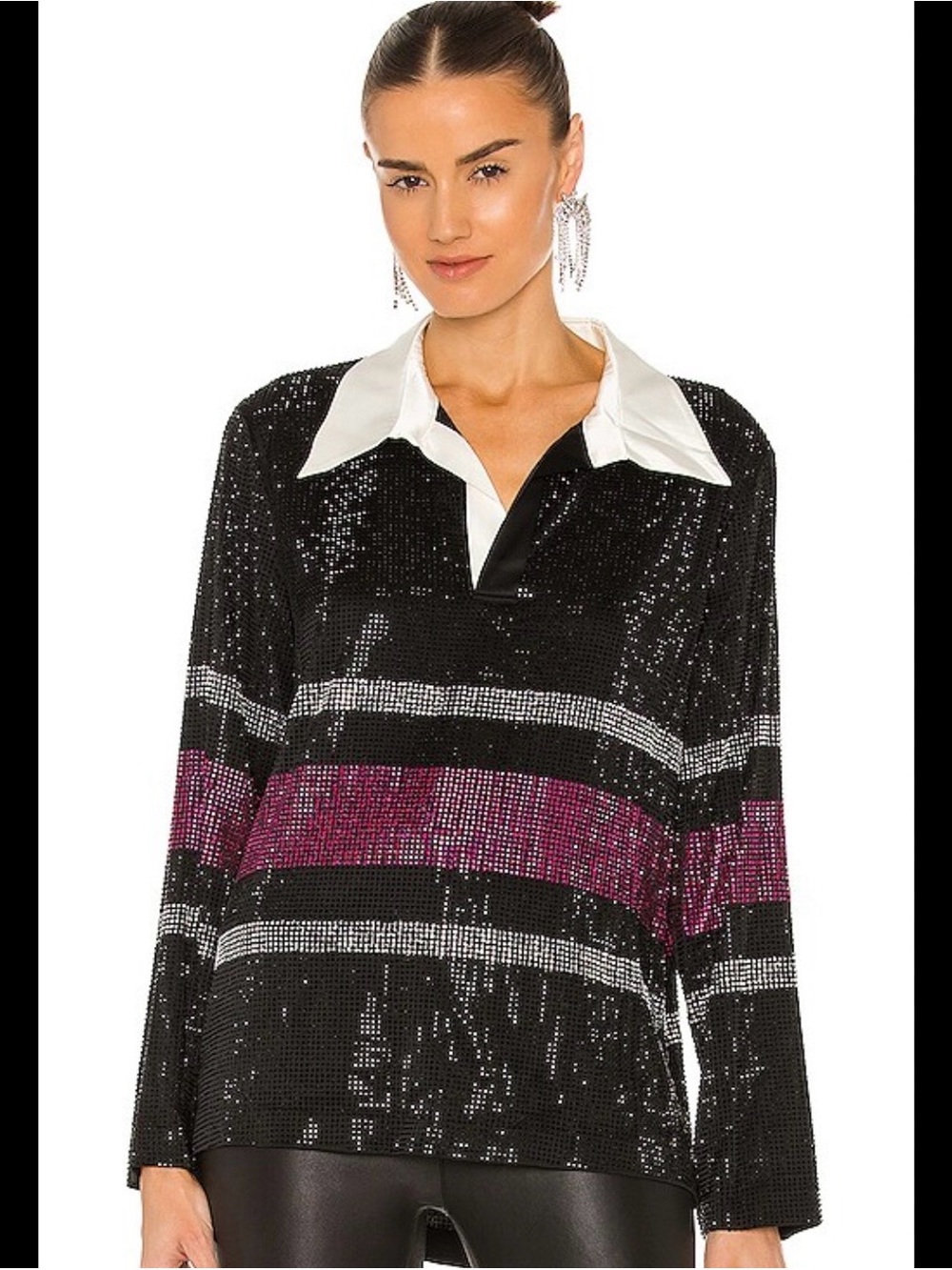 Retrofête Embellished Rhinestone Polo Top - Black & Purple Stripe - size xs NWOT